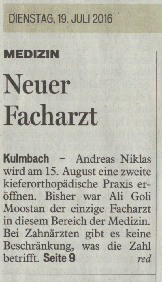 Neuer Facharzt - Kieferorthopädie Kulmbach Dr. Niklas